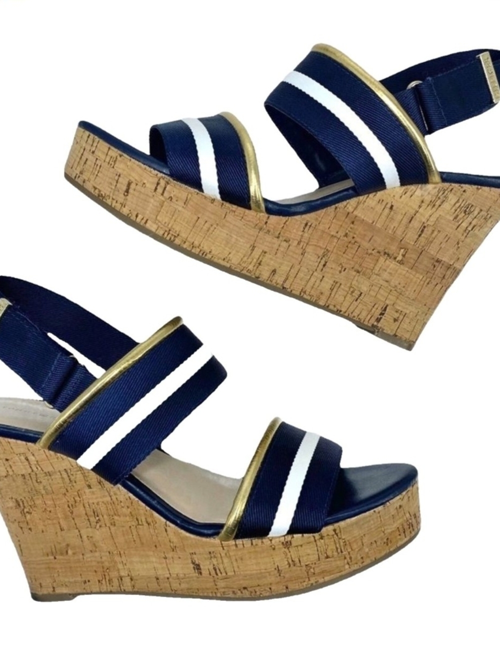 Tommy Wedge Sandals in Navy and White Stripes With Gold Accents
